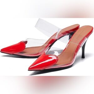 Women's Clear PVC Heeled Sandals Closed Pointed Toe Heart Cut Mules party
